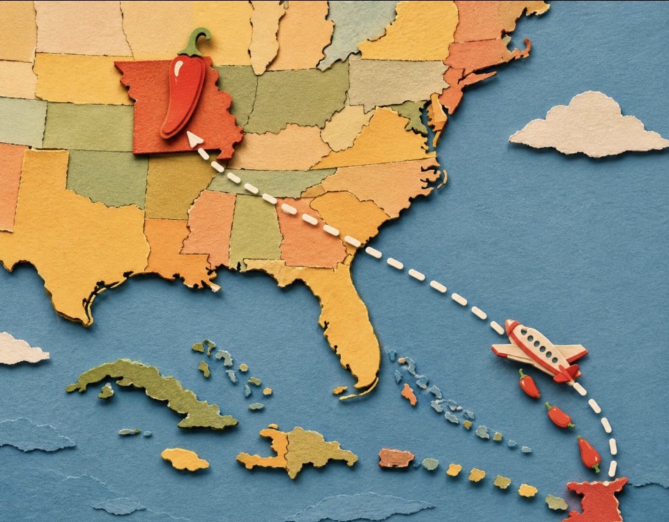 Illustrated paper-craft map showing a plane carrying Trinidad seasoning peppers from Trinidad and Tobago up to our family farm in the U.S. Midwest